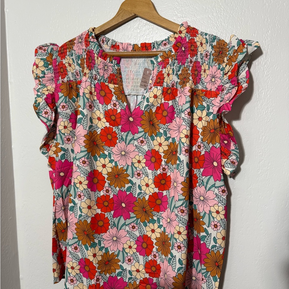 Floral Ruffle Sleeve Top - Multicolor